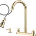 DAYONE 2 Handle Kitchen Faucet with Pull Down Sprayer Brushed Gold, 4 Holes Sink Faucets for Kitchen/RV with Soap Dispenser Stainless Steel