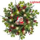 Lnymura 24 Inch Lighted Christmas Wreath Cat Sign Wreath with Timer Cedar Branches Pine Needles Red Berries and Holly Leaves Christmas Dcor Holiday Hanging Decoration for Door Wall Mantel