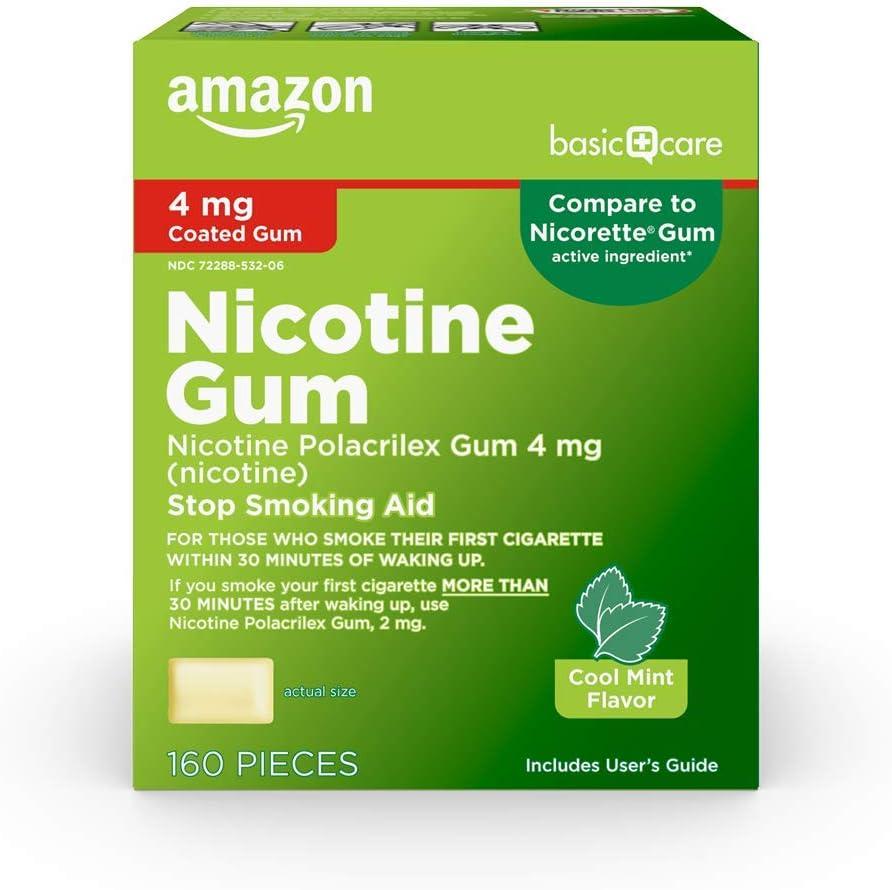 Amazon Basic Care Nicotine Polacrilex Coated Gum 4 mg (nicotine), Cool Mint Flavor, Stop Smoking Aid, 160 Count Amazon Basic Care Nicotine Polacrilex Coated Gum 4 mg (nicotine), Cool Mint Flavor, Stop Smoking Aid, 160 Count