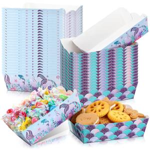 Pinkunn 60 Pack Mermaid Food Trays Mermaid Themed Nacho Hot Dog Trays, Paperboard Food Boats for Birthday Party Decorations