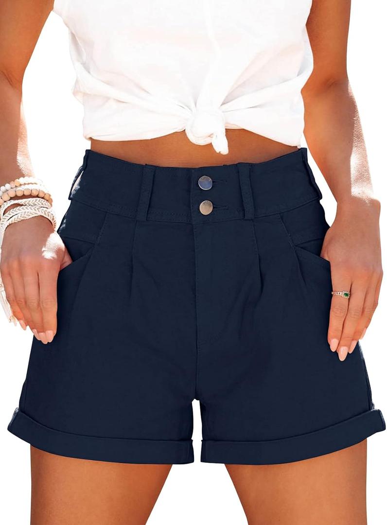 Womens Relaxed Fit Casual High Waist Pocketed Denim Shorts (Small, Navy)