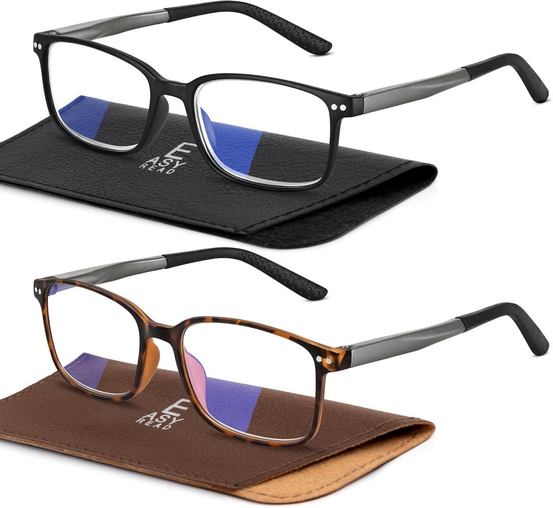EASY READ 2 Pairs Sporty Style Reading Glasses for MenRectangular TR90 Blue Light Blocking Readers with Spring Hinge (Black/Tortoise)