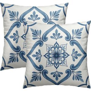 Cafl Boho Geometric Floral Throw Pillow Covers Blue and White Square Pillowcases Cushion Cover 18x18 Inch for Room Sofa Chair Bed Home Decor Set of 2