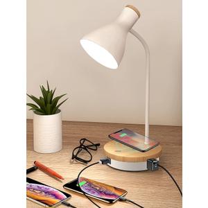 Metal Desk Lamp Wireless Charging Table Lamp Touch Reading Lights Arc Desk Lamps for Bedroom, 3 Way Dimmable Bedside Lamp with USB Charging Ports Lamp for Study Room and Office (White)