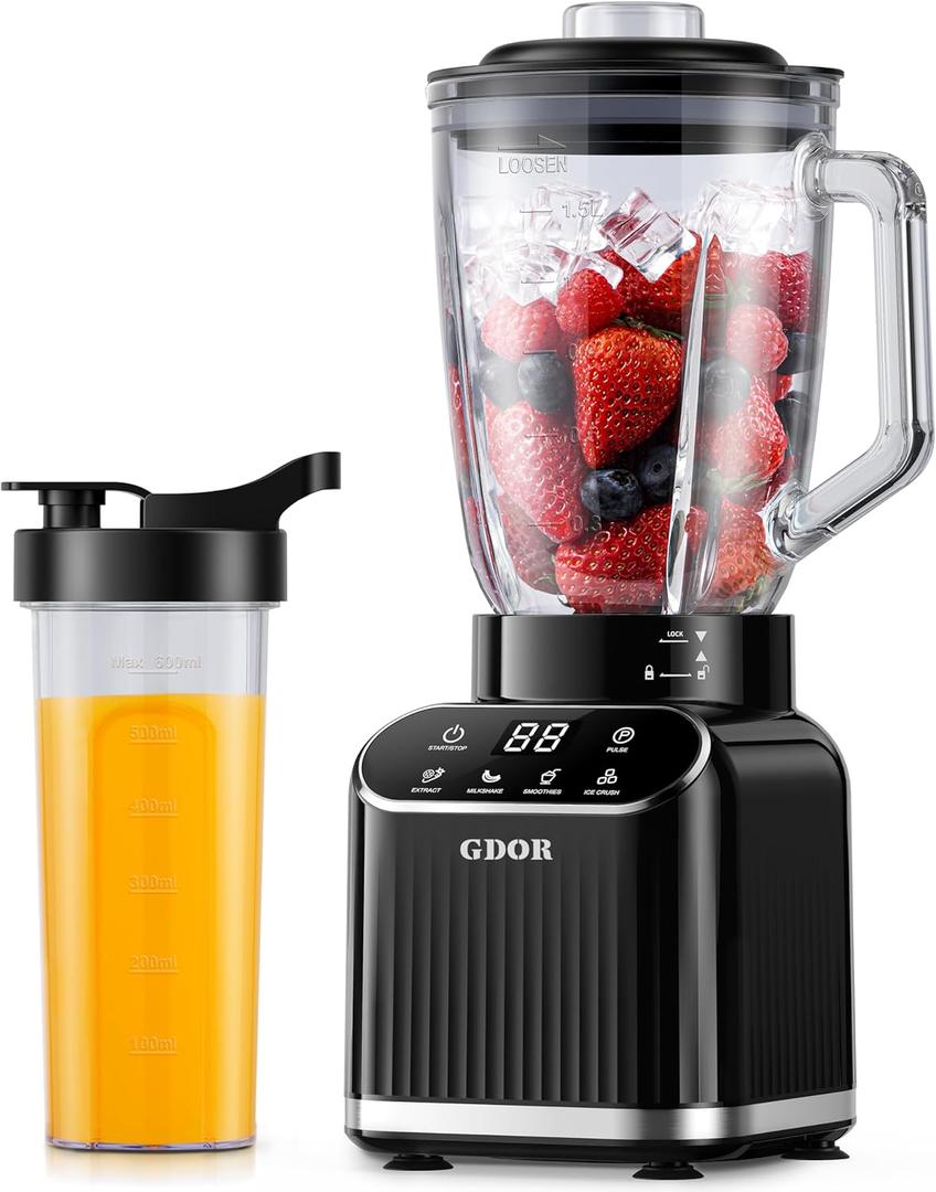 GDOR Professional Blender for Smoothies, 5 Functions, 1200 Peak Watts Smoothie Blender, 52 Oz Glass Jar & 24 Oz To-Go Cup Combo, Ice Crushing & Frozen Fruit, Self-Cleaning, Black