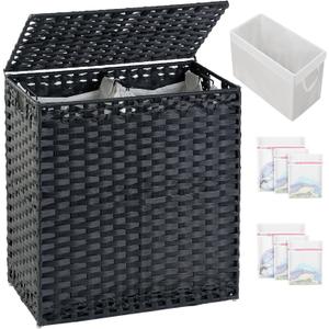 SETVSON Laundry Hamper with Lid Wicker Laundry Basket 112 L (29.6 Gal) Laundry Hampers Handwoven Rattan Clothes Hamper with Handles 3 Removable Liner Bag, 6 Mesh Bags for Bathroom Bedroom Black