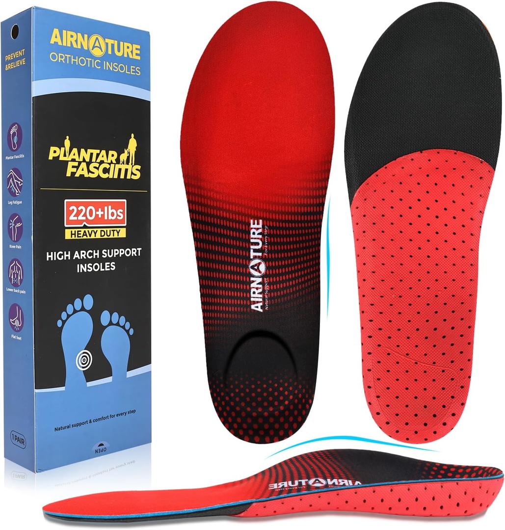 Insoles Orthotics for Plantar Fasciitis Relief, 220+ lbs High Arch Support Insoles for Men Women Flat Feet, Foot Pain Inserts fit Work Boots Shoes for Standing All Day (Men(7-7.5)-Women (9-9.5)-(267mm), Red)