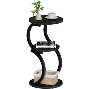 JUSTOGO Small Round Side Table, 3-Tier End Table for Living Room, Vintage Nightstand for Small Spaces Sofa Couch Corner Bedside Bedroom, S-Shaped Wood Accent Table Metal Coffee Table, Black