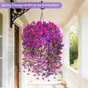 Artificial Hanging Flowers with Basket, 480 Blooms UV Resistant Faux Morning Glory Silk Plants, Fast & Easy Assembly Fake Hanging Baskets for Outdoor Porch Patio Garden Decor, Fuchsia&LightPurple