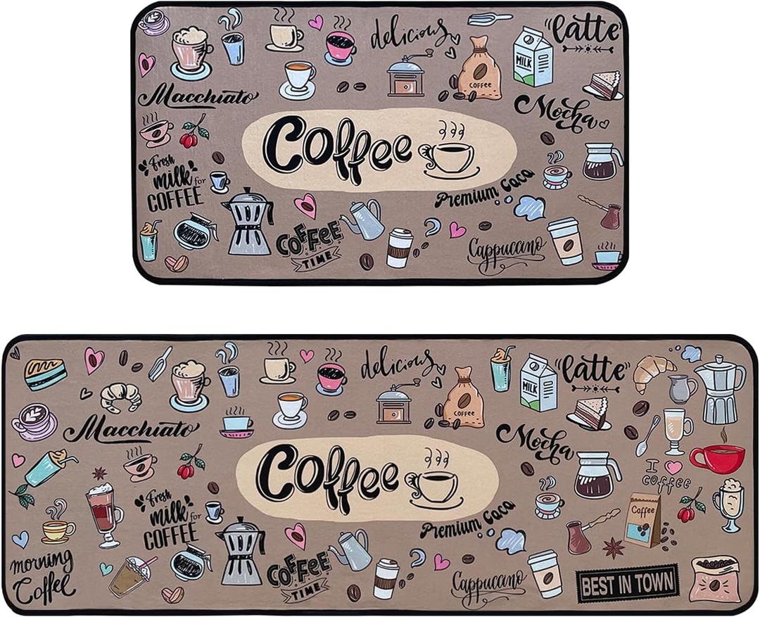 Coffee Kitchen Rugs,Non Skid Washable Microfiber mats for Kitchen Floor,Coffee Theme Kitchen Cushioned Runner Rug Decor Sets of 2 Pieces,17"x 47"+17"x 30"