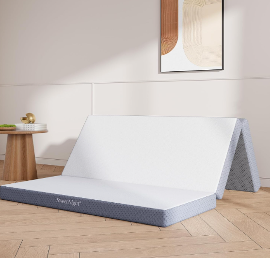Sweetnight 4-Inch Tri-Fold Memory Foam Mattress Topper, Queen Foldable Mattress with Washable Cover, Medium-Firm Feel, Non-Slip Bottom, Ideal for RV Travel, Camping, Guest Room, Floor Use