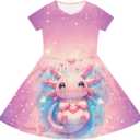 Dresses for Girls 2-14 Years Old Kids Summer Dress Casual Short Sleeve A Line Skater Dresses (Pink)