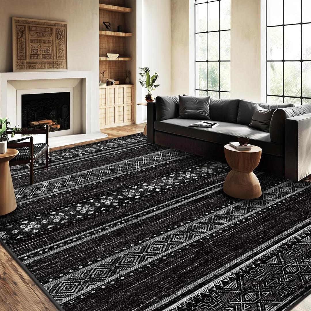 BESTSWEETIE 5x7 Area Rugs for Living Room Washable Moroccan Farmhouse Neutral Geometric Low Pile Non-Slip Soft Print Pattern Rug for Bedroom Kitchen Dining Room Entryway Black/White
