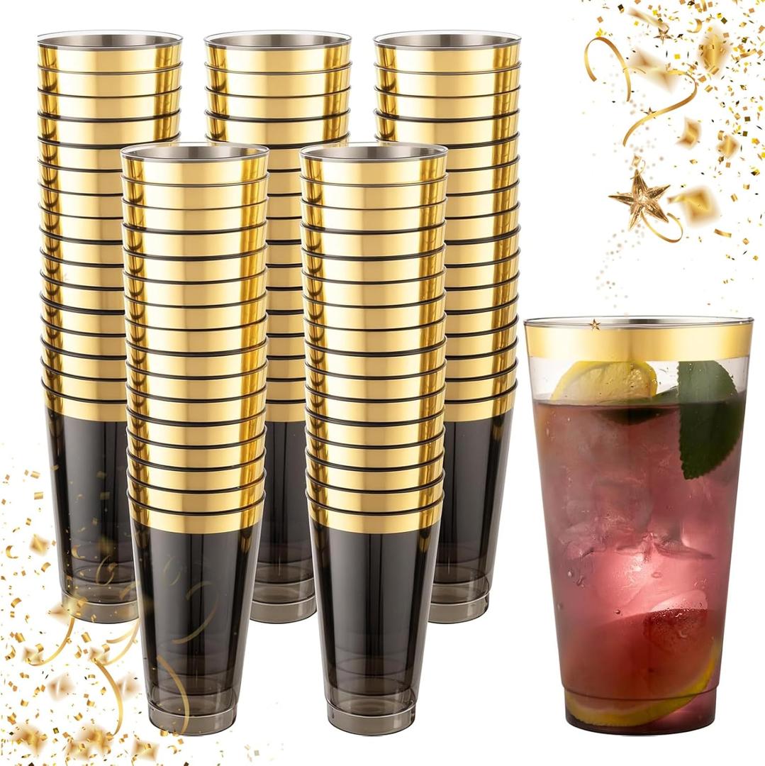 LIYH 100 Pcs Gold Plastic Cups - 16 oz Clear Black and Gold Rim Plastic Wine Cups Big Size Fancy Disposable Wine Glasses Party Cup Beverage Drinking Cup for Party & Wedding