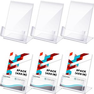 Crtiin 6 Pcs Acrylic Slanted Sign Holder with Business Card Holders Clear Display Stand Flyer Stand with Gift Card Holder for Office Table Advertisement Brochure (4 x 6 Inch,Side Insert)