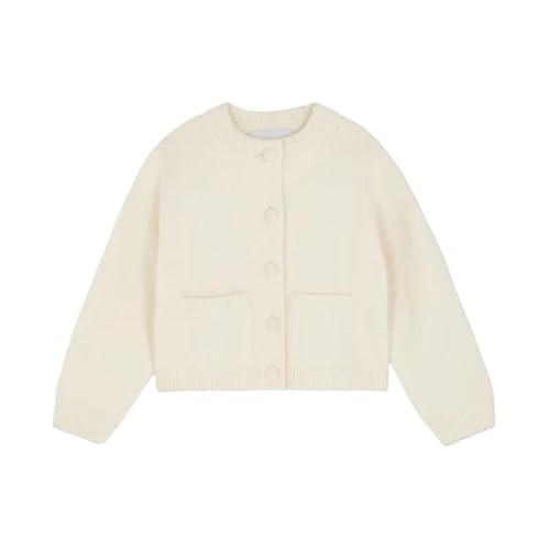 Women's Crew Neck Button Front Knit Cardigan Cropped Length Pocket Detail Long Sleeve Casual Sweater Daily Wear, Medium