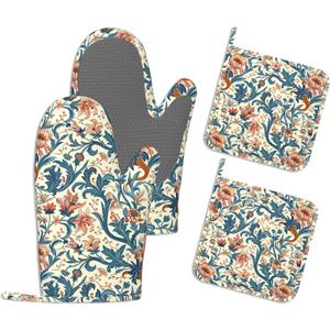 Heat Resistant Pot Holders and Oven Mitts,Vintage Floral Extra Long Kitchen Oven Mitt Set,Rustic Flower Cotton Lining Anti-Slip Waterproof Kitchen Mittens Hot Pan Holder for Baking Cooking Grilling