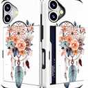 Compatible for iPhone 16 Plus Case Cute with Card Holder Shockproof Slim Slot Phone Wallet Cover for Women/Dreamcatcher Dream Catcher Flower Feather Girly