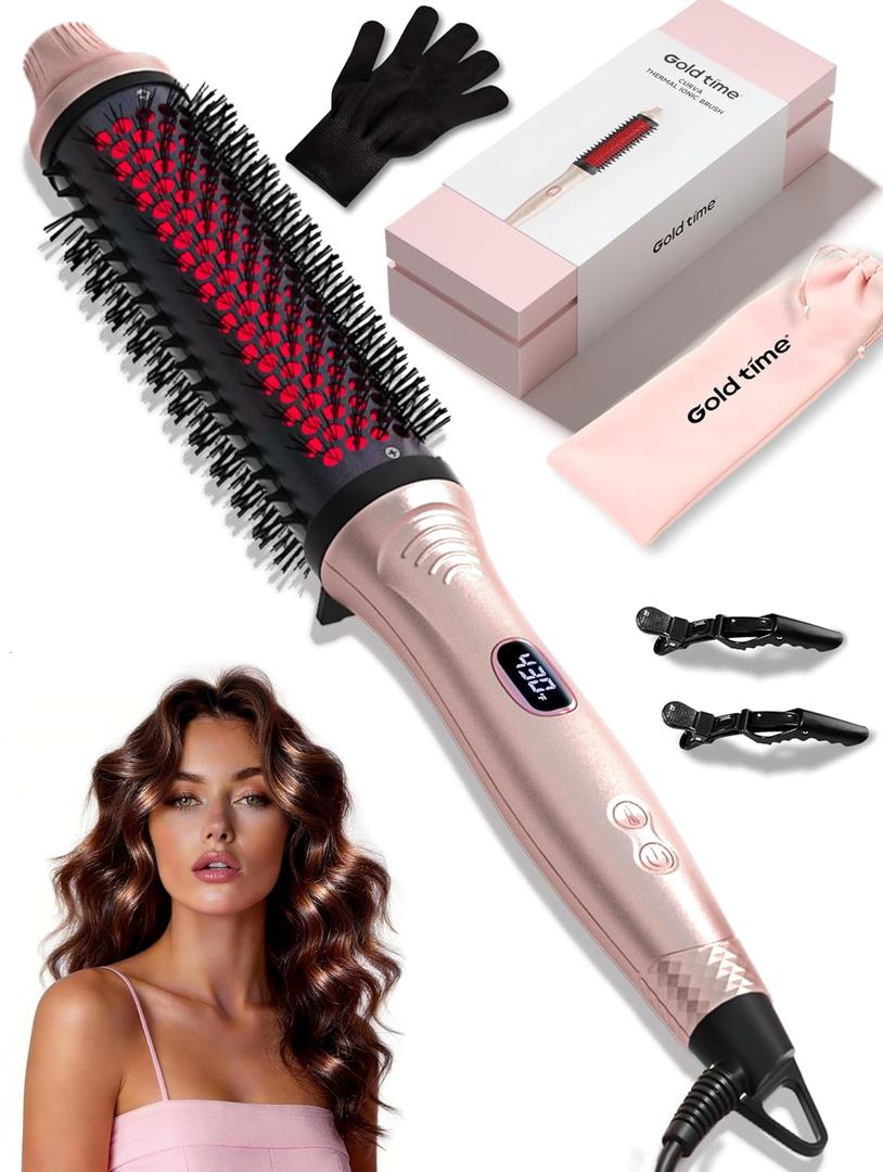 Infrared Thermal Brush 1.65”, 100M Negative Ions 2-in-1 Curling, Straightening & Smoothing Round Brush, 6 Heat Settings with LED Display, Lightweight Quiet, Dual Voltage, Auto Shut-Off, Pink Gift Box