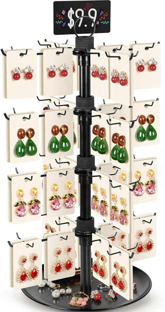 Jewelry Display for Vendors with 80 Hooks, 4 Tier Rotating Display Stand Earring Holder Organizer Adjustable Height, Earring Rack Keychain Necklace Bracelet Display for Retail