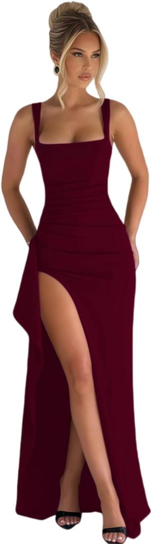 Women’s Elegant Square Neck Ruched Formal Maxi Dress Sexy High Split Ruffle Bodycon Long Dress Evening Gown (Red, M)