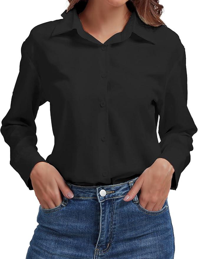 Womens Button Down Blouse Long Sleeve Tops for Women Ladies Collared Shirt Dressy Casual Work 2025 Trendy, L