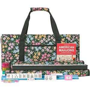 ZGME American Mahjong Set,166 White Tiles with Dark Green Small Flower Bag and Accessories,4 All-in-One Mahjong Racks with Pushers