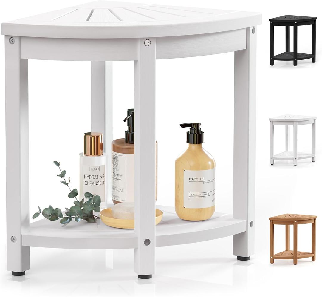 Waterproof Corner Shower Stool for Inside Shower, Poly Lumber Shower Bench Seat Chair, Bath Shower Stool for Shaving Legs Foot Rest with Storage Shelf, Adjustable & Non-Slip Feet, White
