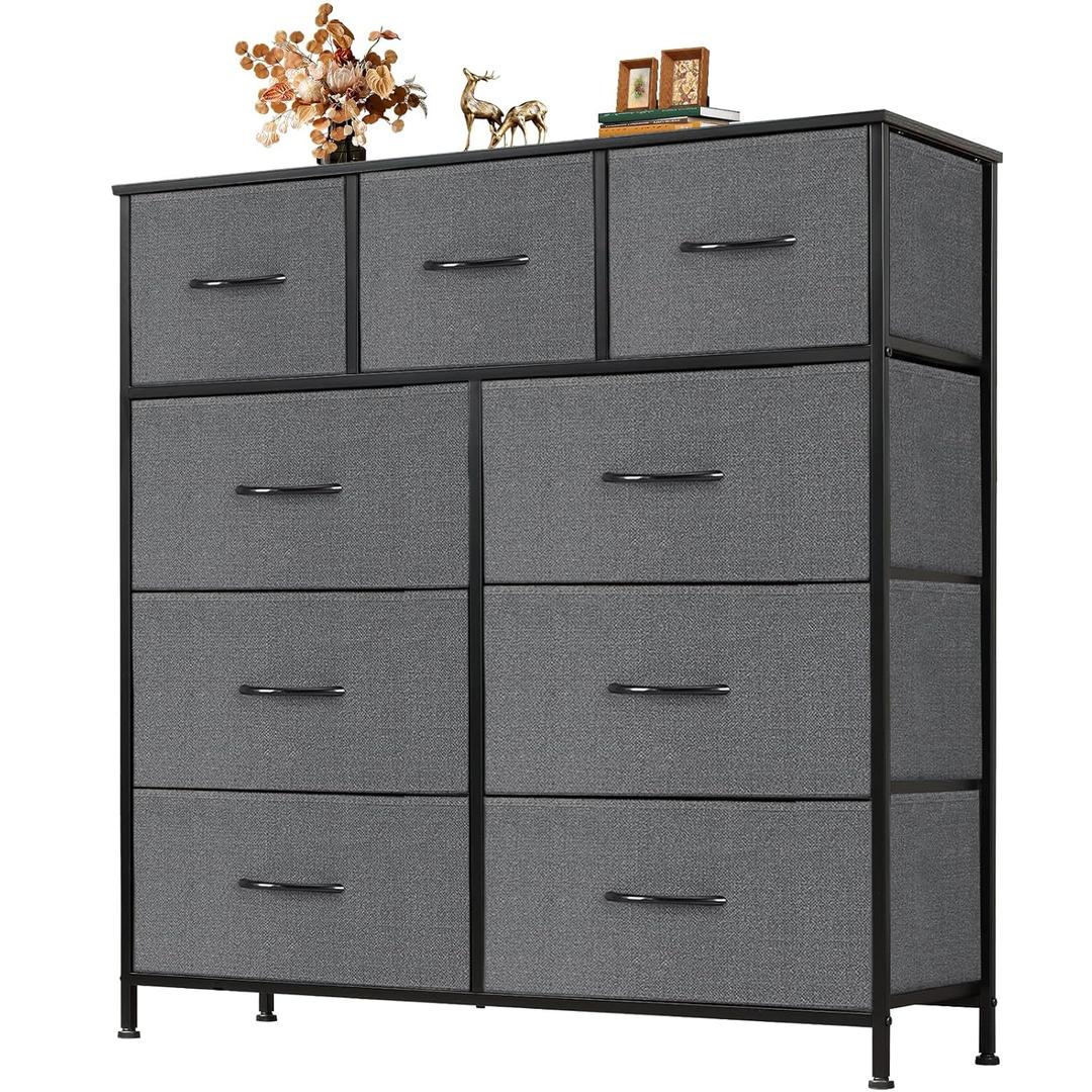 Dresser for Bedroom with 9 Drawers, Anti-Tip Fabric Storage Tower | Wood Top and Metal Frame Organizer for Clothes, Closet, Entryway, Hallway Furniture, Grey