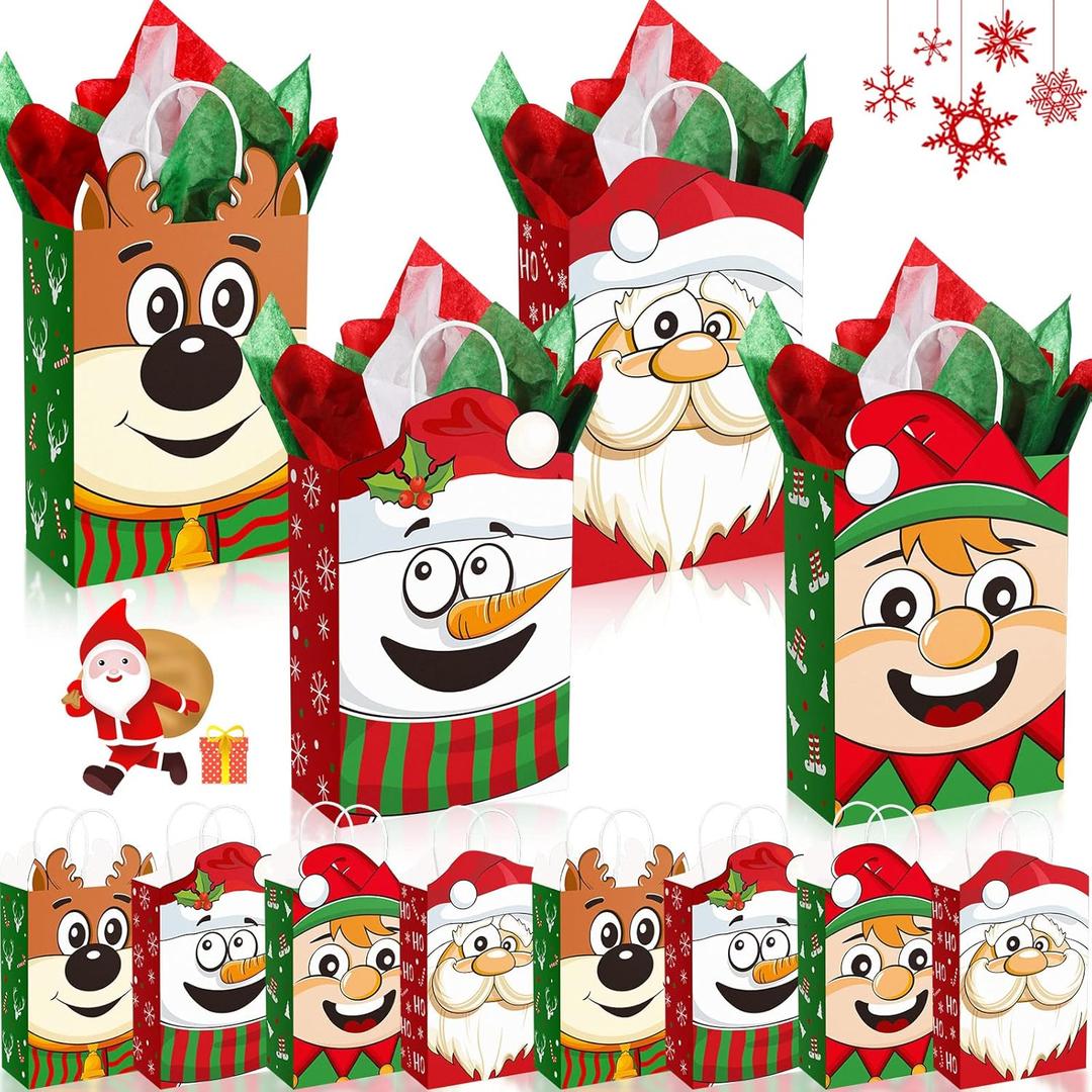 Funrous 16 Pieces Christmas Gift Bags with Tissue Papers Large Xmas Santa Claus Elf Kraft Goody Paper Bags with Handles Christmas Snowman Reindeer Gift Treat Set for Xmas Holiday Party Supplies