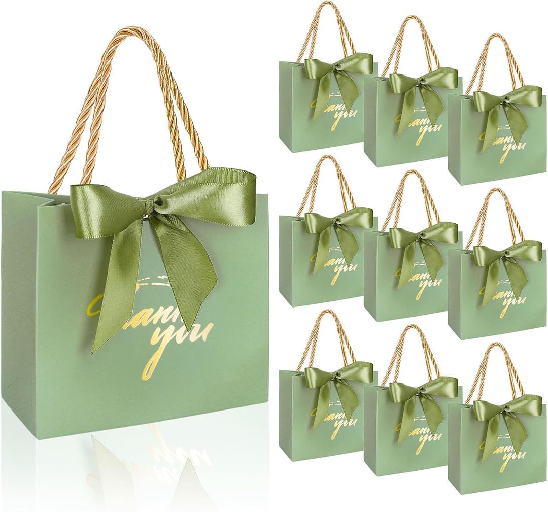 Whaline 50Pcs Thank You Paper Gift Bags with Bow Sage Green Party Favor Bags with Handles Mini Parties Favor Bag for Wedding Bridal Baby Shower Birthday Party (Assembly Required)