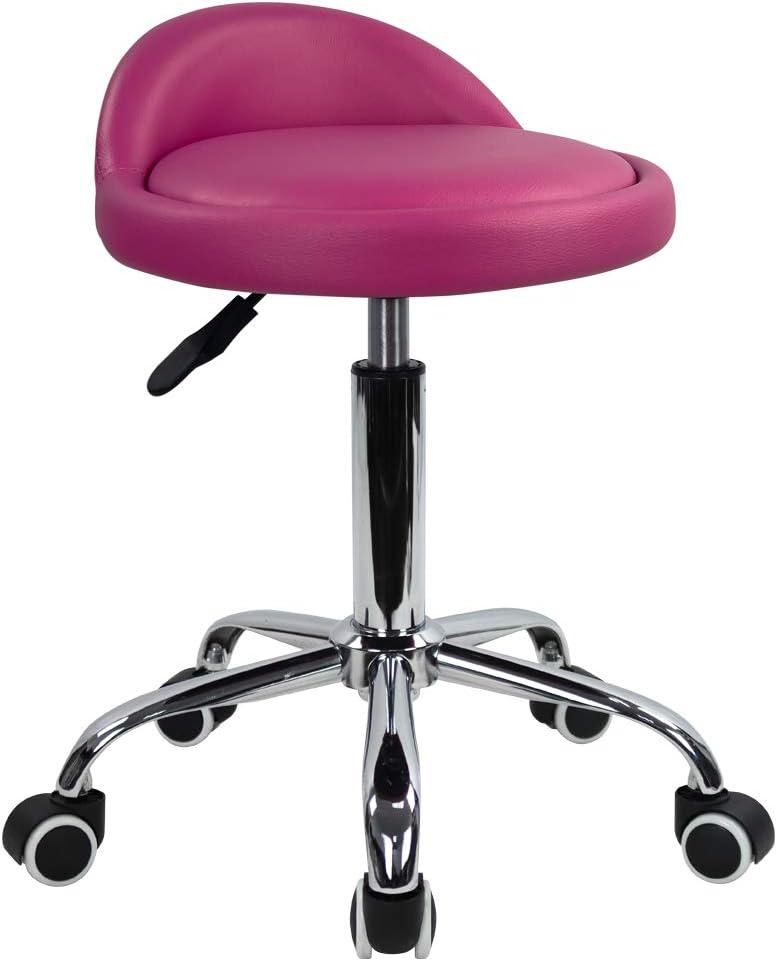 KKTONER PU Leather Round Rolling Stool with Back Rest Height Adjustable Swivel Drafting Work SPA Medical Task Chair with Wheels (Rose red)