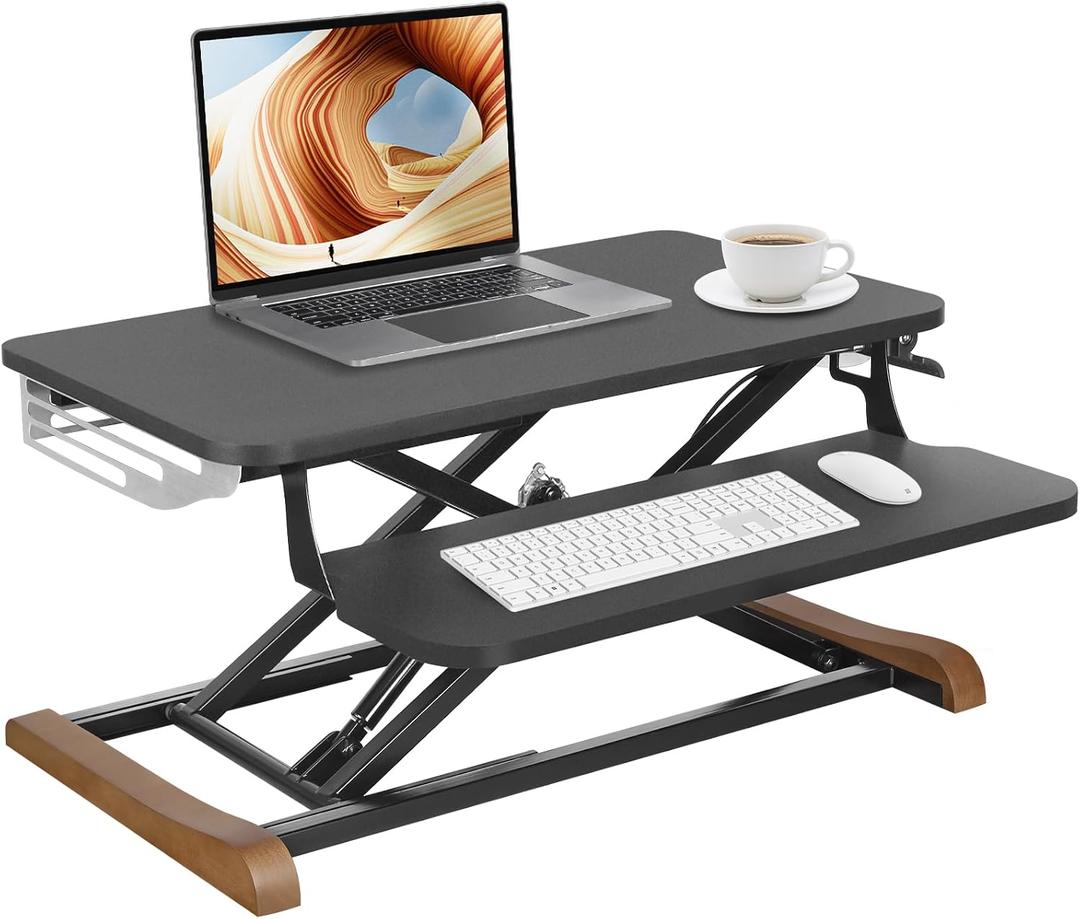 Height Adjustable Standing Desk Converter with Keyboard Tray, 26x16 Inch, Sit to Stand Desk Riser with Elegant Side Cover and Wooden Feet, Compact Monitor and Laptop Riser for Home & Office, Black, Gas Spring Standing Desk Converter