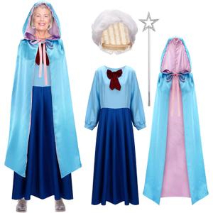 4 Pcs Adult Halloween Fairy Costume for Women with Blue Hooded Cloak Cape,Wig and Wand for Halloween Dress Up, Large