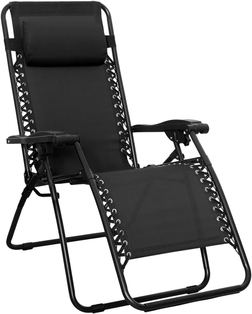 Amazon Basics Outdoor Patio Zero Gravity Lounge Chair with Pillow, Folding Reclining and Textilene Adjustable, Folding Lounge Lawn Chairs for Outside, 26", Black