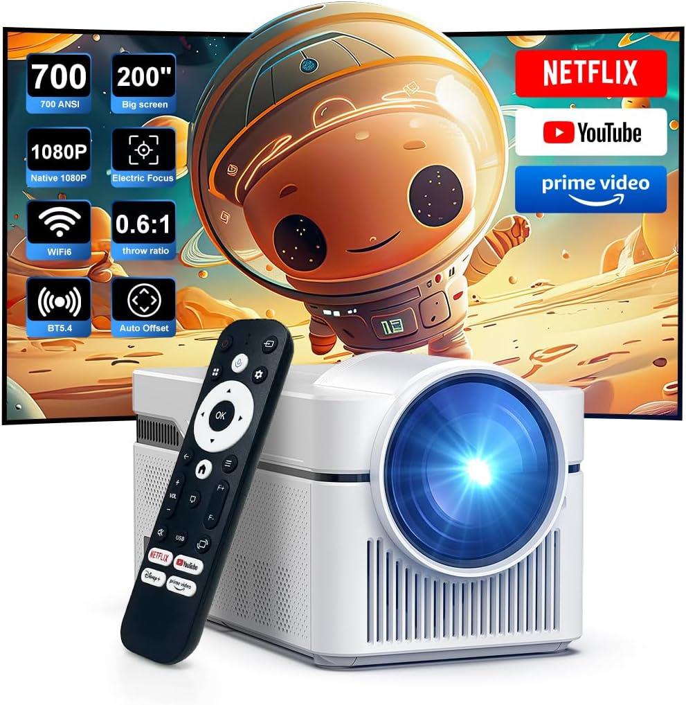 Short Throw Projector with 4k Support, Built-in Android 13, Smart Projector with Wifi and Bluetooth , Electric Focus, 2 x 8W Stereo Speakers for Bedroom and Outdoor Use HY450NTV (White)