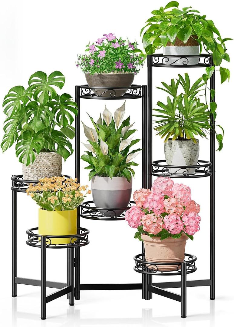 Metal Plant Stand Indoor Outdoor 7 Tier Multiple Flower Pot Holder Shelf Planter Display Shelving Unit for Patio Garden Corner Balcony Living Room Black Circle