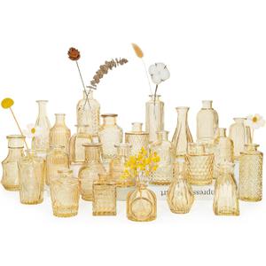 SUPMIND 24pcs Glass Bud Vase Set, Small Gold Amber Flower Vases for Centerpieces in Bulk, Mini Vintage Vase for Wedding, Home,Table Decoration