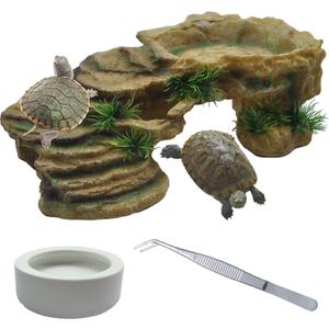 kathson Turtle Basking Platform, Tortoise Resin Climbing Rock Rectangular Resting Terrace Tank Accessories,Reptiles Dock Hide Cave Habitat Decoration for Bearded Dragon Lizard Geckos Spiders (3 PCS)