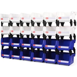 Shineyaplus Stackable Storage Bins 24 Pack (5x4x3 Inch), Plastic Stackable Storage Organizer Bins Wall Mounted Hanging Small Parts Bin for Garage, Workbench & Office (Blue & White)