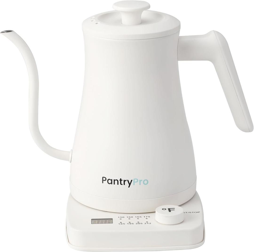 PantryPro Gooseneck Electric Kettle with Temperature Control, 34oz/1.0L Rapid Boil, Stainless Steel Interior, Auto Shut-Off, 1500W, Boil-Dry Protection, LED Indicator - White