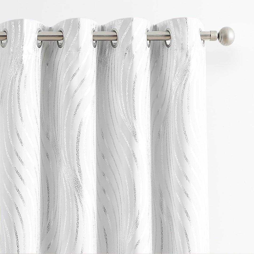 Xwincel 100% Blackout Curtains White and Silver Foil Pattern Curtains 63 Inches Long for Bedroom Metallic Silver Wave Print Drapes for Living Room Thermal Insulated Grommet Window Curtains 2 Panel Set