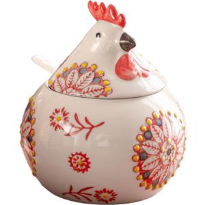 Ceramic Salt Cellar with Lid and Spoon, 13 OZ Large Chicken Salt Jar, Salt Holder for Counter, Coffee, Sugar, Spices and Candies, Salt Containers for Countertop (Red)