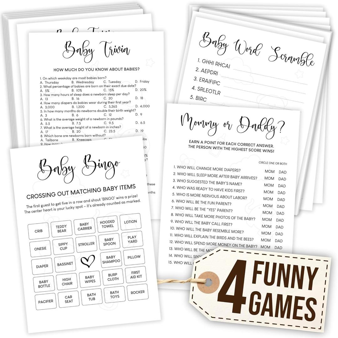 Woodamore Funny Baby Shower Games Gender Neutral - Baby Shower Bingo Game For Girl, Baby Bingo For Baby Shower Boy Decorations, Baby Word Scramble Guess Who Mommy Or Daddy, Fun Baby Trivia Cards