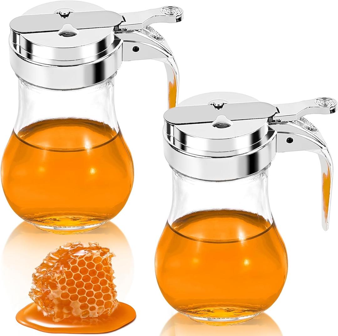 2Pcs 8oz Syrup Dispenser Honey Pot Glass Honey Dispenser Jar, Maple Syrup Dispenser, Honey Container, Commercial Quality With Handle Honey Dispenser for Home Kitchen Storage (1, Plain weave 2 pack)