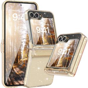 FABSPARK Case for Samsung Galaxy Z Flip 6 Built-in Screen Protector,Hinge Protection,Sparkly Bling Glitter Crystal Clear Transparent Slim Fit Acrylic Hard PC for Samsung Z Flip 6 Case,Glitter Yellow