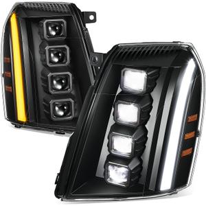 Auto Dynasty Sequential LED DRL Switchback Quad Square Projector Headlights Assembly Compatible with Cadillac Escalade 2007-2014, Driver and Passenger Side, Black Housing Amber Corner