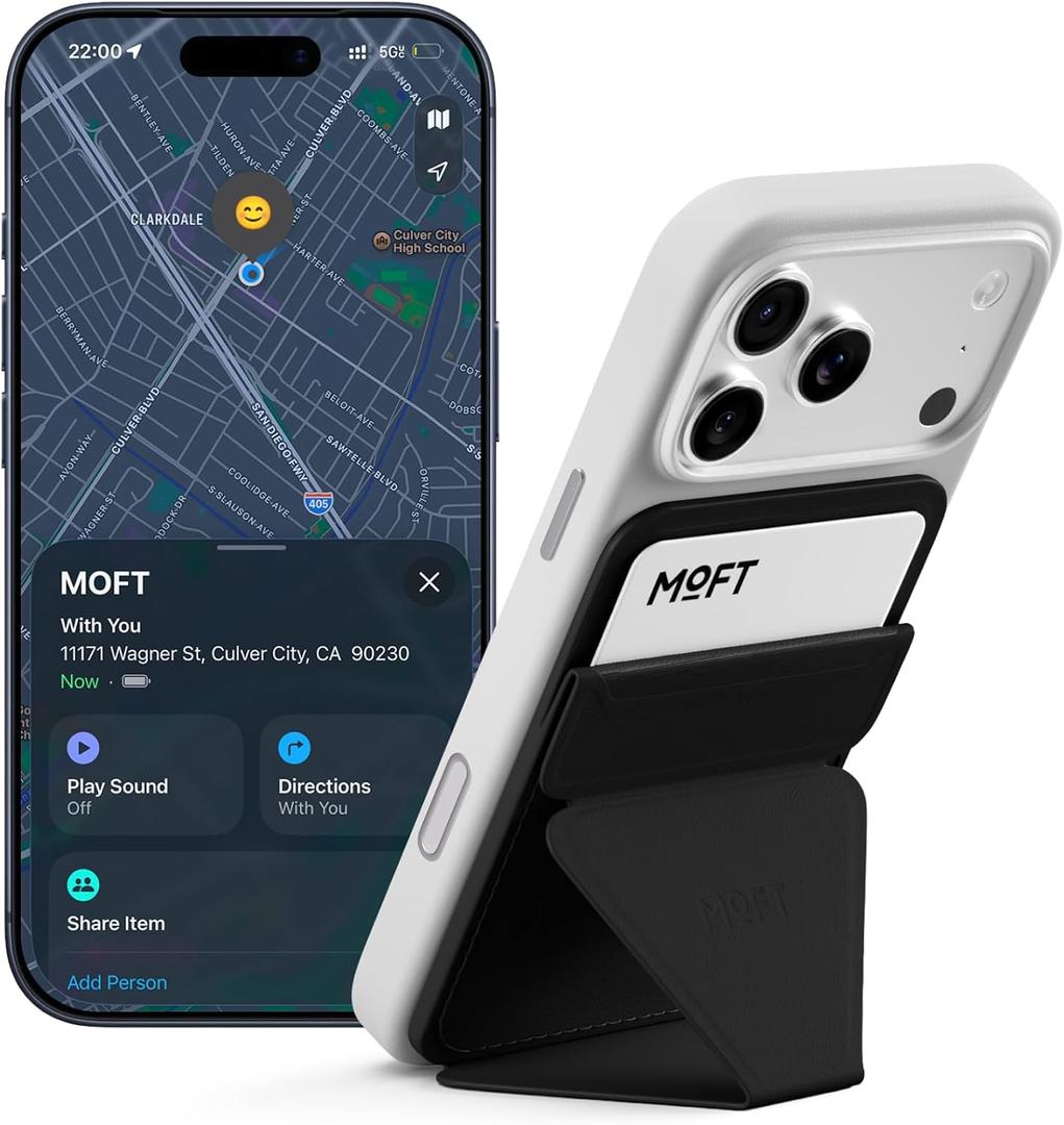 MOFT MagSafe Wallet Stand with Apple Find My, Ultra-Slim Trackable Strong Magnetic Phone Card Holder, 3-in-1 Multi-Angle Adjustable Phone Stand for iPhone 17/16/15/14/13/12 Series, Jet Black