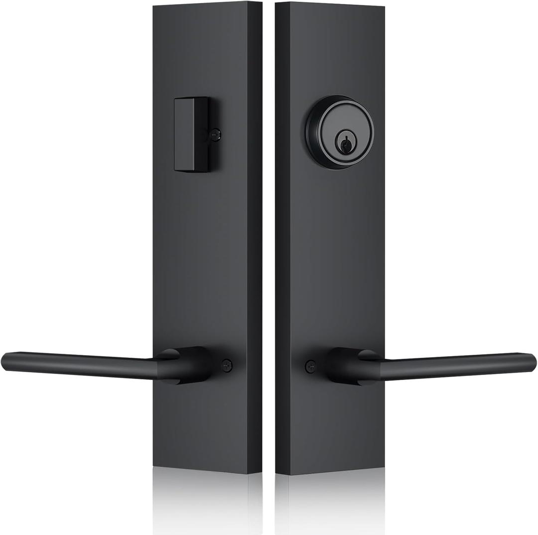 Matte-Black Front Door Handle - Modern Entry Door Lock Set with Deadbolt,Exterior Door Lever 3 Keys for Left & Right Hand Door (Black)