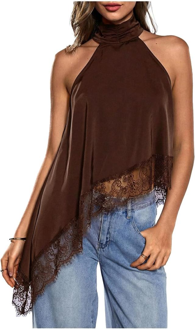 Milumia Women's Halter Neck Sleeveless Top Lace Asymmetrical Hem Summer Going Out Tank Tops, Size S (Coffee Brown)